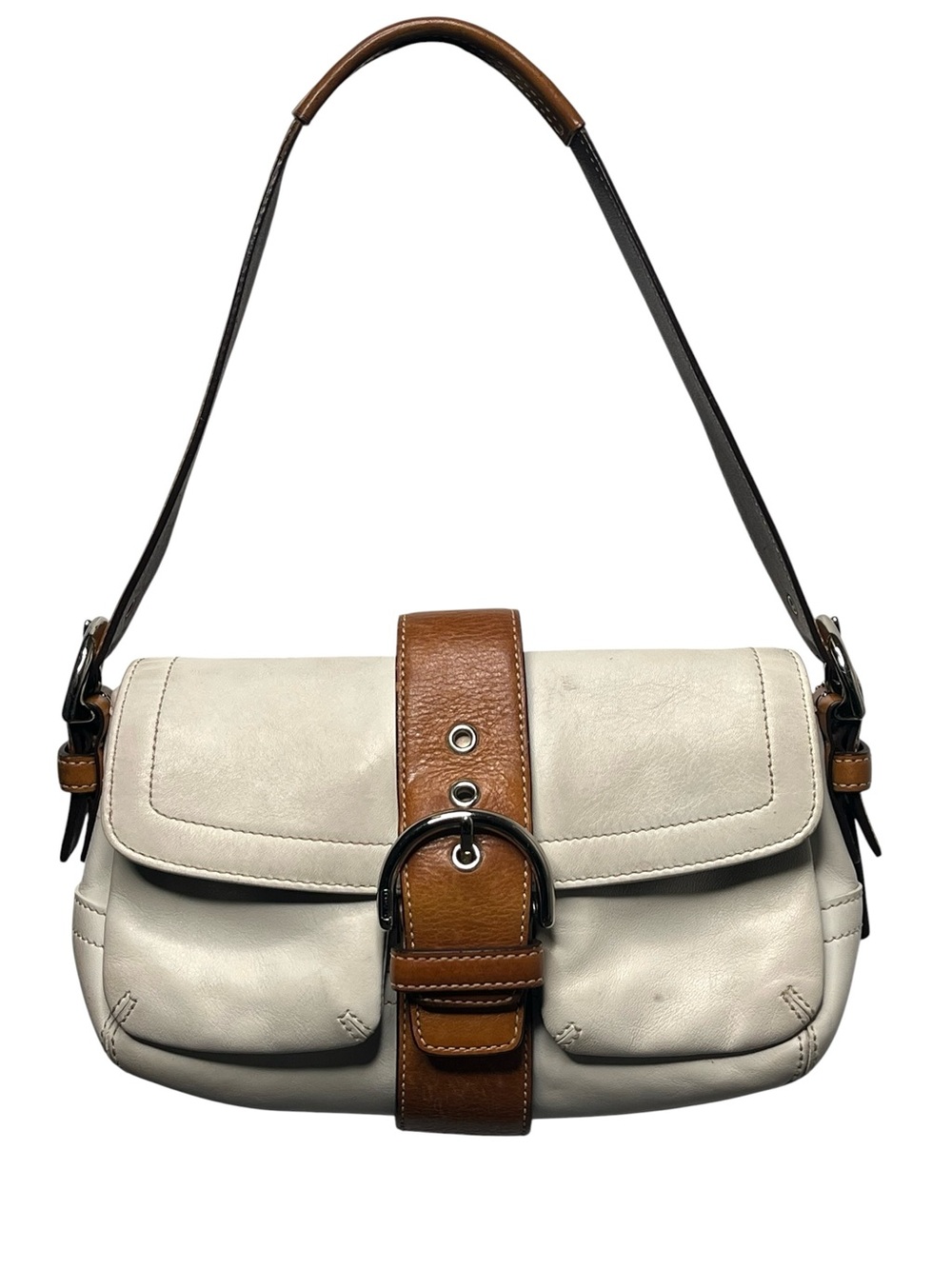 Coach Soho Buckle Flap Leather Shoulder Bag White Saddle Brown Vintage Y2K 1446